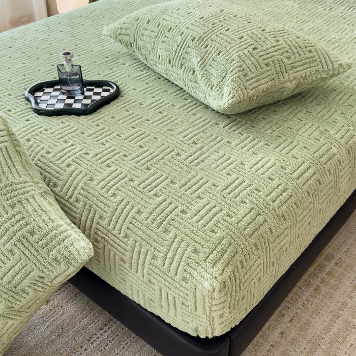 91家纺网 家纺一手货源 找家纺 欧邦2025新款提花舒棉绒塔芙绒床笠跨境-场景二 床笠款-青木绿