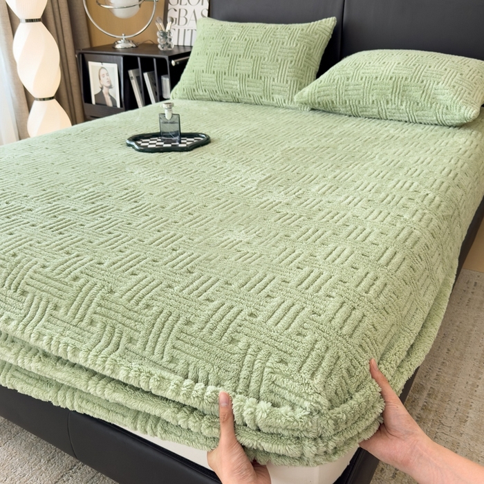 91家纺网 家纺一手货源 找家纺 欧邦2025新款提花舒棉绒塔芙绒床笠跨境-场景二 床笠款-青木绿