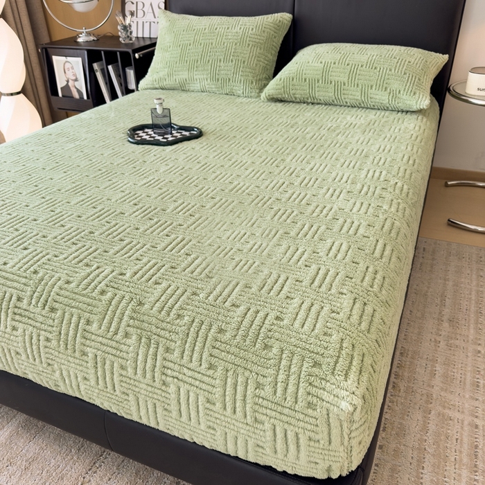 91家纺网 家纺一手货源 找家纺 欧邦2025新款提花舒棉绒塔芙绒床笠跨境-场景二 床笠款-青木绿