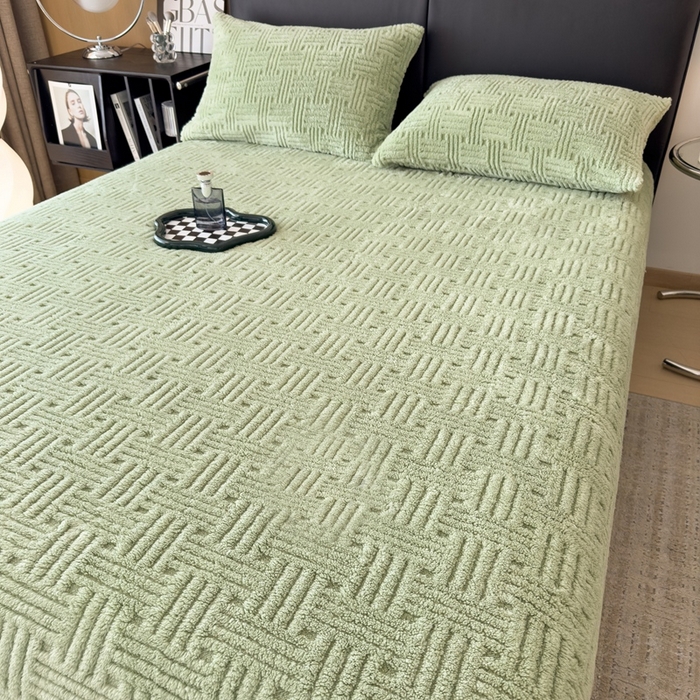 91家纺网 家纺一手货源 找家纺 欧邦2025新款提花舒棉绒塔芙绒床笠跨境-场景二 床笠款-青木绿