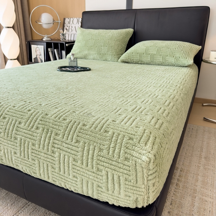 91家纺网 家纺一手货源 找家纺 欧邦2025新款提花舒棉绒塔芙绒床笠跨境-场景二 床笠款-青木绿