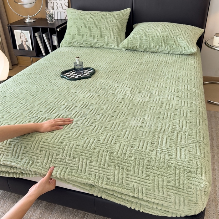 91家纺网 家纺一手货源 找家纺 欧邦2025新款提花舒棉绒塔芙绒床笠跨境-场景二 床笠款-青木绿