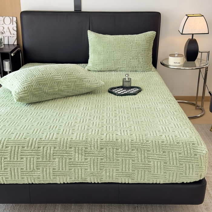 91家纺网 家纺一手货源 找家纺 欧邦2025新款提花舒棉绒塔芙绒床笠跨境-场景二 床笠款-青木绿