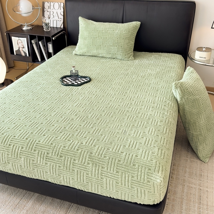 91家纺网 家纺一手货源 找家纺 欧邦2025新款提花舒棉绒塔芙绒床笠跨境-场景二 床笠款-青木绿