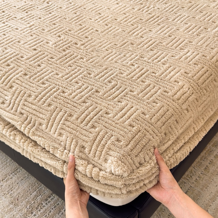 91家纺网 家纺一手货源 找家纺 欧邦2025新款提花舒棉绒塔芙绒床笠跨境-场景二 床笠款-深卡其