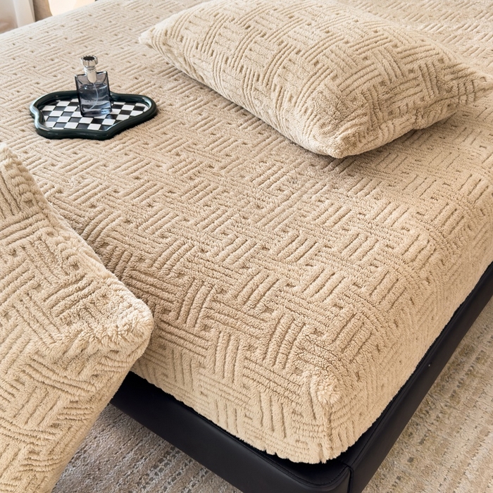 91家纺网 家纺一手货源 找家纺 欧邦2025新款提花舒棉绒塔芙绒床笠跨境-场景二 床笠款-深卡其