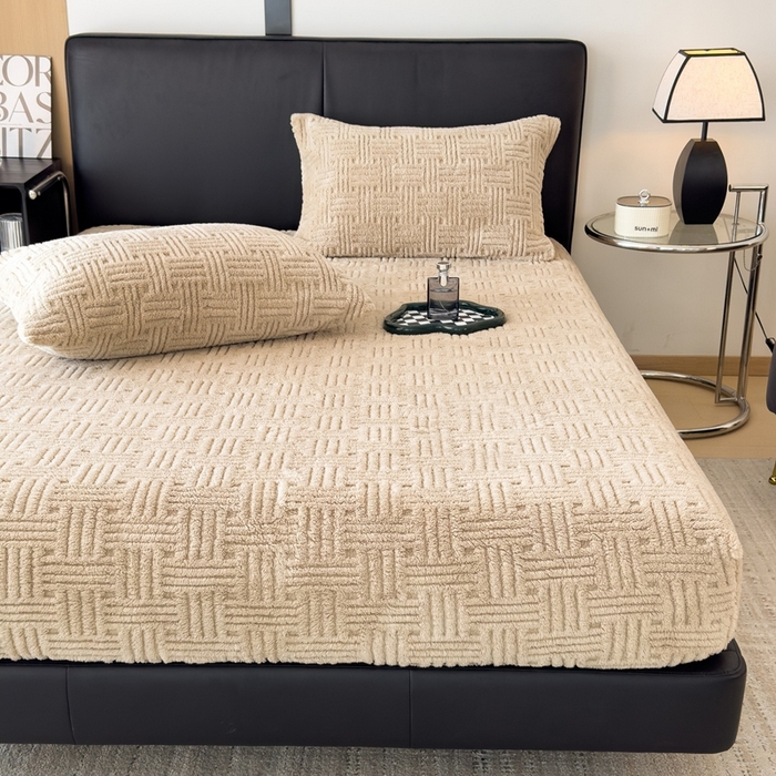 91家纺网 家纺一手货源 找家纺 欧邦2025新款提花舒棉绒塔芙绒床笠跨境-场景二 床笠款-深卡其