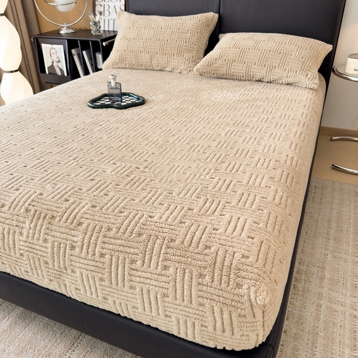 91家纺网 家纺一手货源 找家纺 欧邦2025新款提花舒棉绒塔芙绒床笠跨境-场景二 床笠款-深卡其