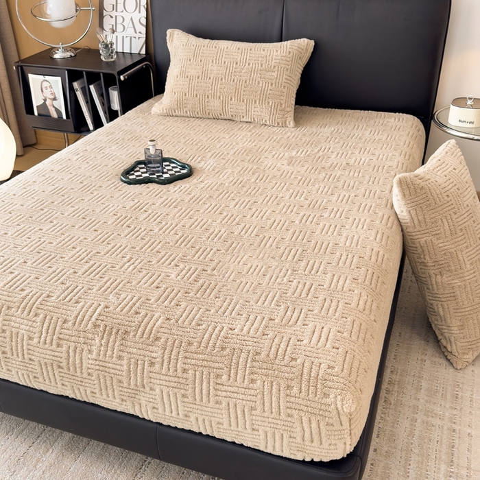 91家纺网 家纺一手货源 找家纺 欧邦2025新款提花舒棉绒塔芙绒床笠跨境-场景二 床笠款-深卡其