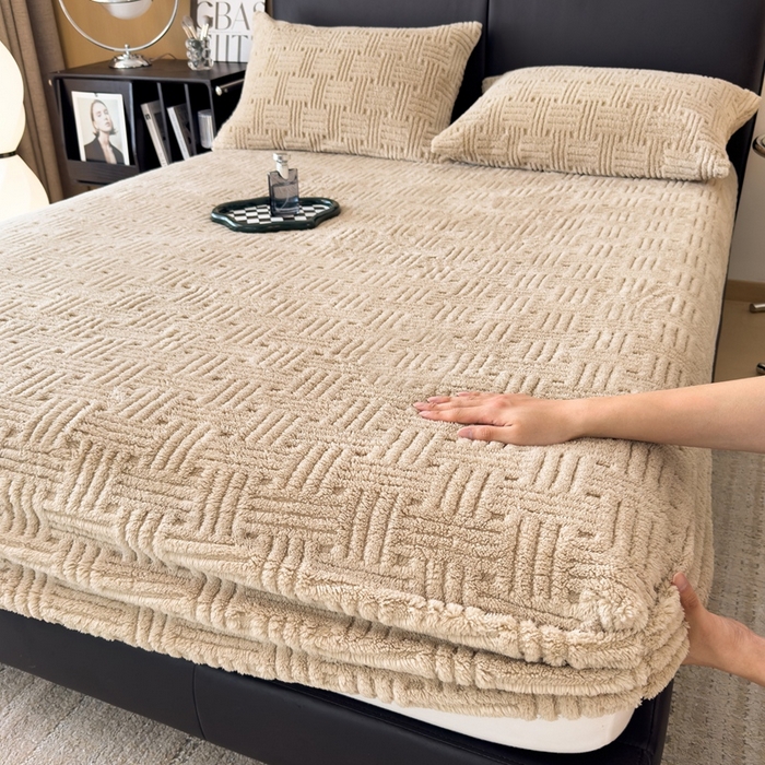 91家纺网 家纺一手货源 找家纺 欧邦2025新款提花舒棉绒塔芙绒床笠跨境-场景二 床笠款-深卡其