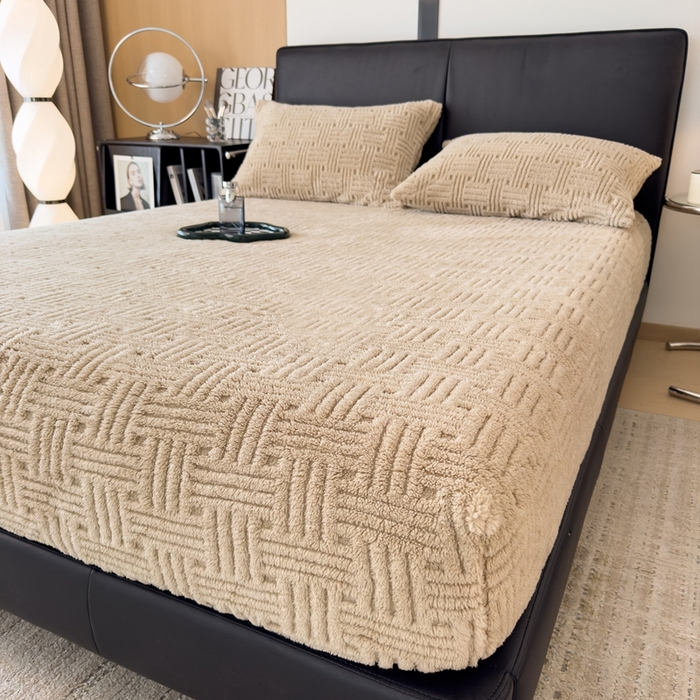 91家纺网 家纺一手货源 找家纺 欧邦2025新款提花舒棉绒塔芙绒床笠跨境-场景二 床笠款-深卡其