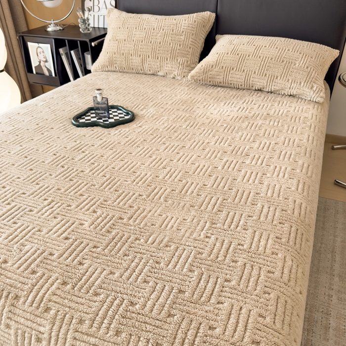 91家纺网 家纺一手货源 找家纺 欧邦2025新款提花舒棉绒塔芙绒床笠跨境-场景二 床笠款-深卡其