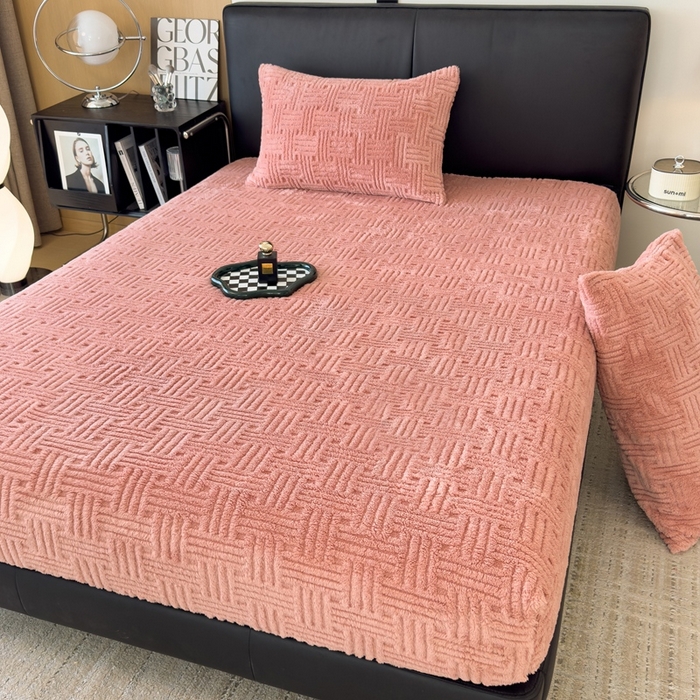 91家纺网 家纺一手货源 找家纺 欧邦2025新款提花舒棉绒塔芙绒床笠跨境-场景二 床笠款-桃粉