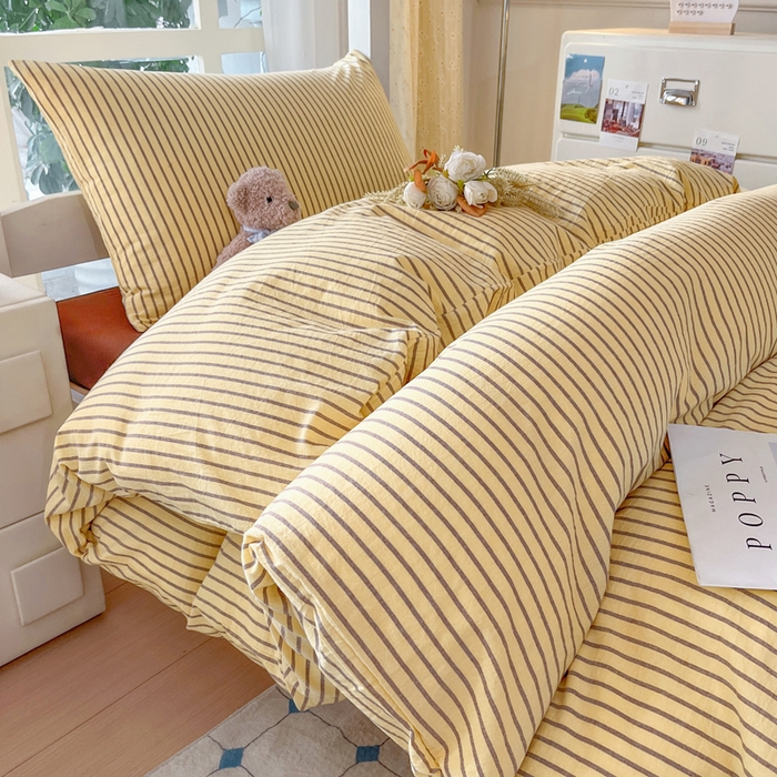 91家纺网 家纺一手货源 找家纺 柠萌家居 2025年最新款学生宿舍全棉无印风A类良品宿舍上下铺三件套 黄咖条