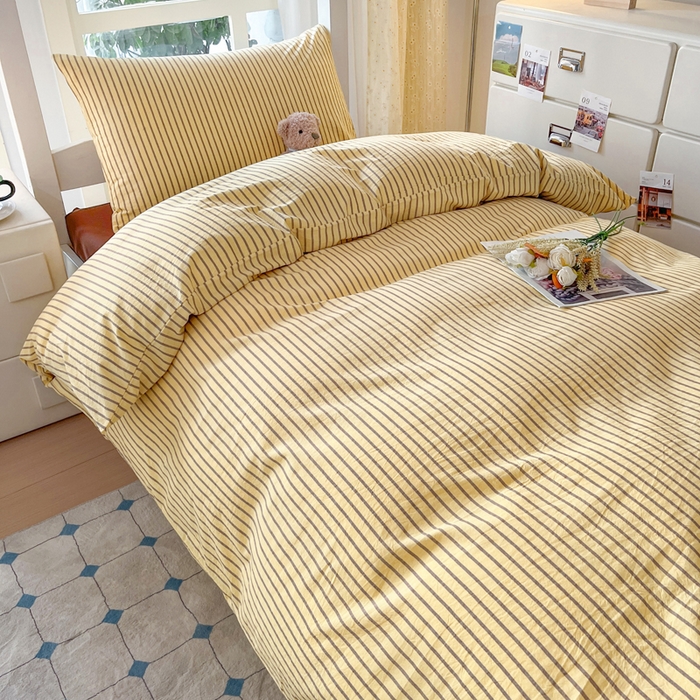 91家纺网 家纺一手货源 找家纺 柠萌家居 2025年最新款学生宿舍全棉无印风A类良品宿舍上下铺三件套 黄咖条