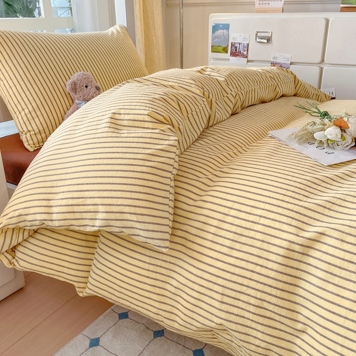 91家纺网 家纺一手货源 找家纺 柠萌家居 2025年最新款学生宿舍全棉无印风A类良品宿舍上下铺三件套 黄咖条