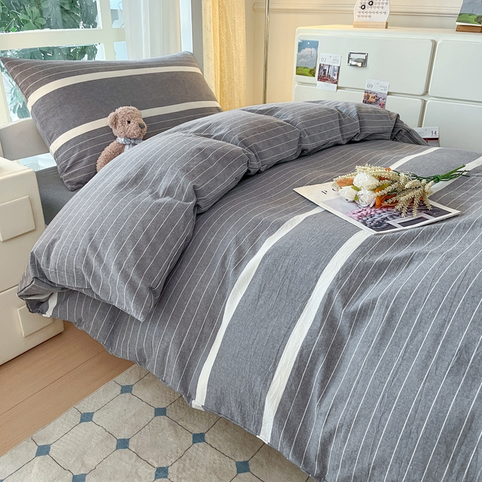 91家纺网 家纺一手货源 找家纺 柠萌家居 2025年最新款学生宿舍全棉无印风A类良品宿舍上下铺三件套 宽双线冷灰