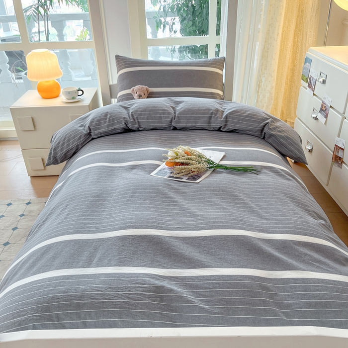 91家纺网 家纺一手货源 找家纺 柠萌家居 2025年最新款学生宿舍全棉无印风A类良品宿舍上下铺三件套 宽双线冷灰