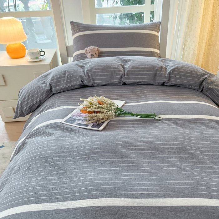 91家纺网 家纺一手货源 找家纺 柠萌家居 2025年最新款学生宿舍全棉无印风A类良品宿舍上下铺三件套 宽双线冷灰