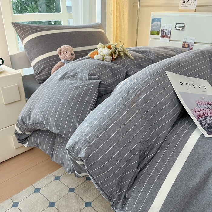 91家纺网 家纺一手货源 找家纺 柠萌家居 2025年最新款学生宿舍全棉无印风A类良品宿舍上下铺三件套 宽双线冷灰