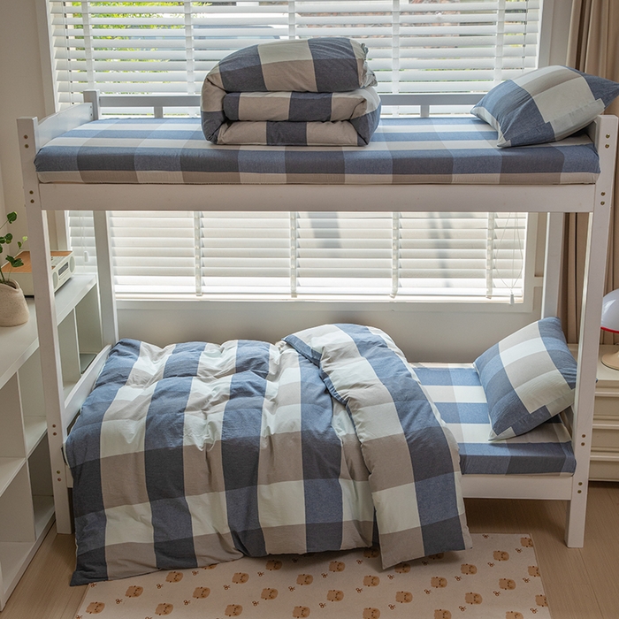 柠萌家居 2025年最新款学生宿舍全棉无印风A类良品宿舍上下铺三件套 蓝白大格