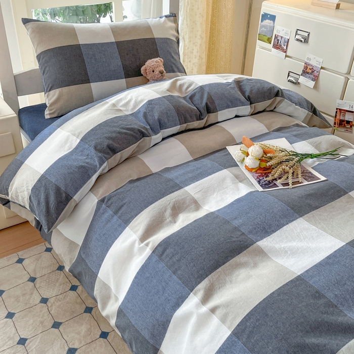 91家纺网 家纺一手货源 找家纺 柠萌家居 2025年最新款学生宿舍全棉无印风A类良品宿舍上下铺三件套 蓝大格