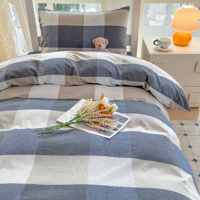 91家纺网 家纺一手货源 找家纺 柠萌家居 2025年最新款学生宿舍全棉无印风A类良品宿舍上下铺三件套 蓝大格