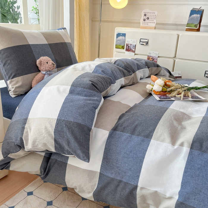 91家纺网 家纺一手货源 找家纺 柠萌家居 2025年最新款学生宿舍全棉无印风A类良品宿舍上下铺三件套 蓝大格