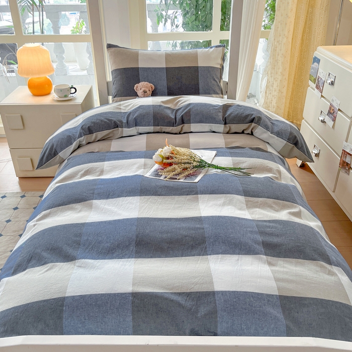 91家纺网 家纺一手货源 找家纺 柠萌家居 2025年最新款学生宿舍全棉无印风A类良品宿舍上下铺三件套 蓝大格