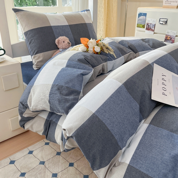 91家纺网 家纺一手货源 找家纺 柠萌家居 2025年最新款学生宿舍全棉无印风A类良品宿舍上下铺三件套 蓝大格