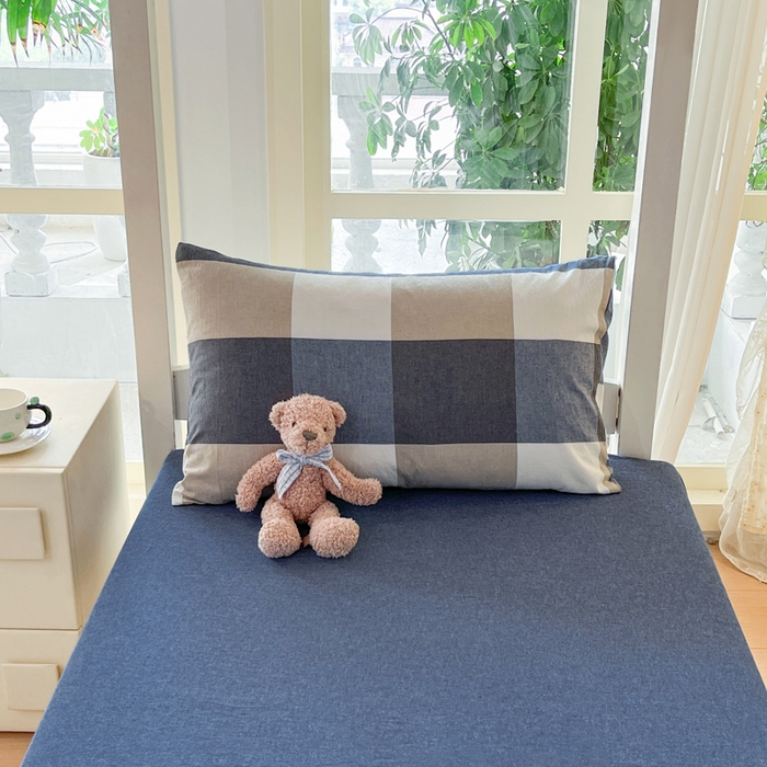 91家纺网 家纺一手货源 找家纺 柠萌家居 2025年最新款学生宿舍全棉无印风A类良品宿舍上下铺三件套 蓝大格