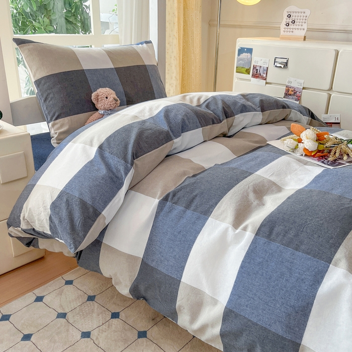 91家纺网 家纺一手货源 找家纺 柠萌家居 2025年最新款学生宿舍全棉无印风A类良品宿舍上下铺三件套 蓝大格