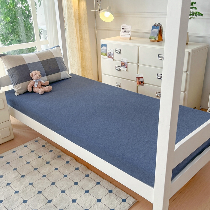 91家纺网 家纺一手货源 找家纺 柠萌家居 2025年最新款学生宿舍全棉无印风A类良品宿舍上下铺三件套 蓝大格