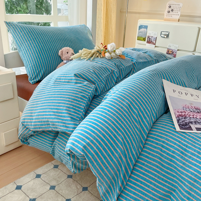 91家纺网 家纺一手货源 找家纺 柠萌家居 2025年最新款学生宿舍全棉无印风A类良品宿舍上下铺三件套 蓝咖条