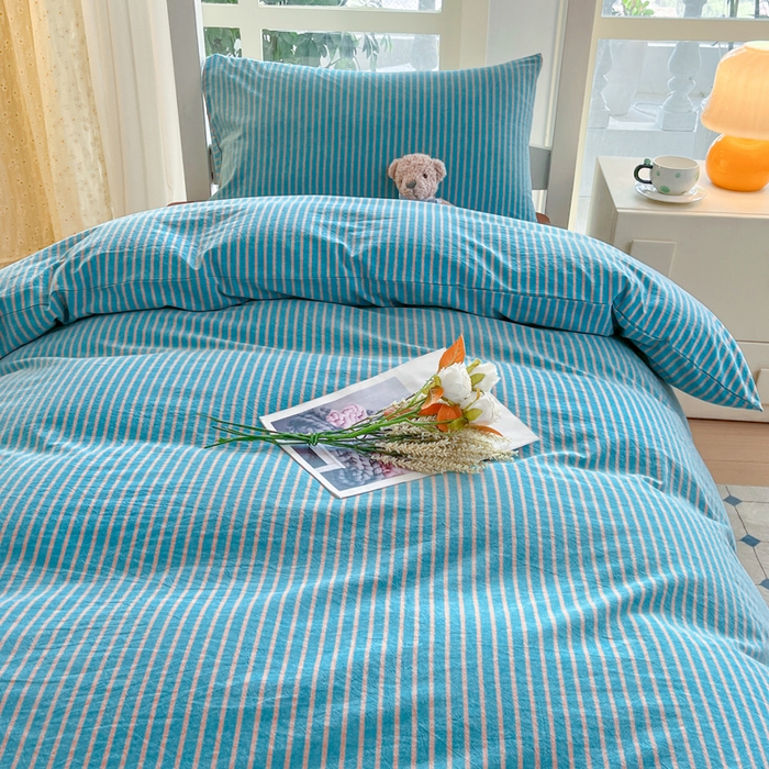 91家纺网 家纺一手货源 找家纺 柠萌家居 2025年最新款学生宿舍全棉无印风A类良品宿舍上下铺三件套 蓝咖条