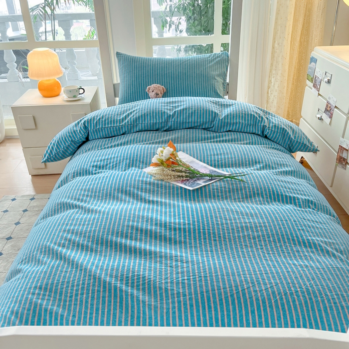 91家纺网 家纺一手货源 找家纺 柠萌家居 2025年最新款学生宿舍全棉无印风A类良品宿舍上下铺三件套 蓝咖条