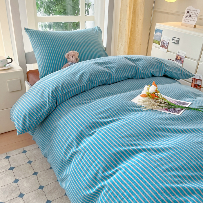 91家纺网 家纺一手货源 找家纺 柠萌家居 2025年最新款学生宿舍全棉无印风A类良品宿舍上下铺三件套 蓝咖条