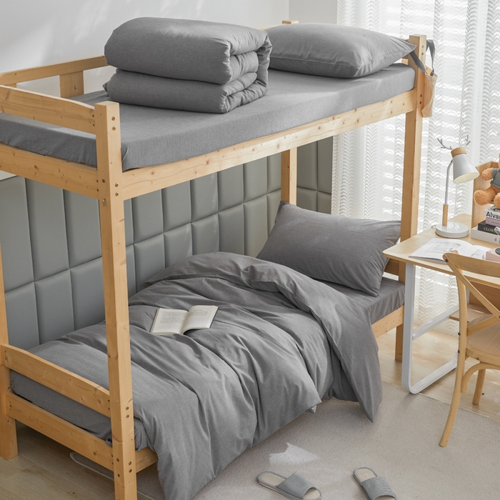 91家纺网 家纺一手货源 找家纺 柠萌家居 2025年最新款学生宿舍全棉无印风A类良品宿舍上下铺三件套 冷灰