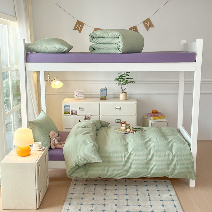 柠萌家居 2025年最新款学生宿舍全棉无印风A类良品宿舍上下铺三件套 绿紫条