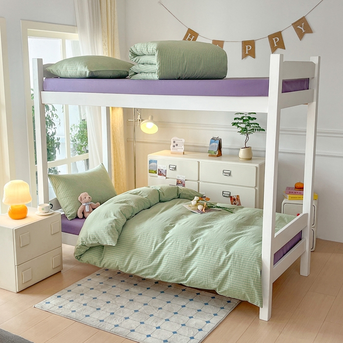 91家纺网 家纺一手货源 找家纺 柠萌家居 2025年最新款学生宿舍全棉无印风A类良品宿舍上下铺三件套 绿紫条