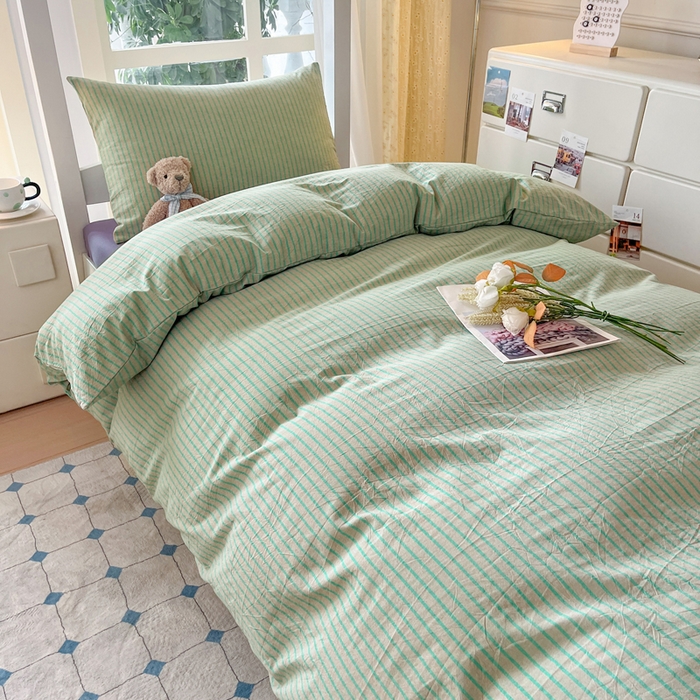 91家纺网 家纺一手货源 找家纺 柠萌家居 2025年最新款学生宿舍全棉无印风A类良品宿舍上下铺三件套 绿紫条