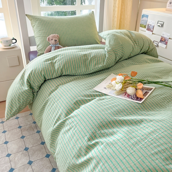 91家纺网 家纺一手货源 找家纺 柠萌家居 2025年最新款学生宿舍全棉无印风A类良品宿舍上下铺三件套 绿紫条