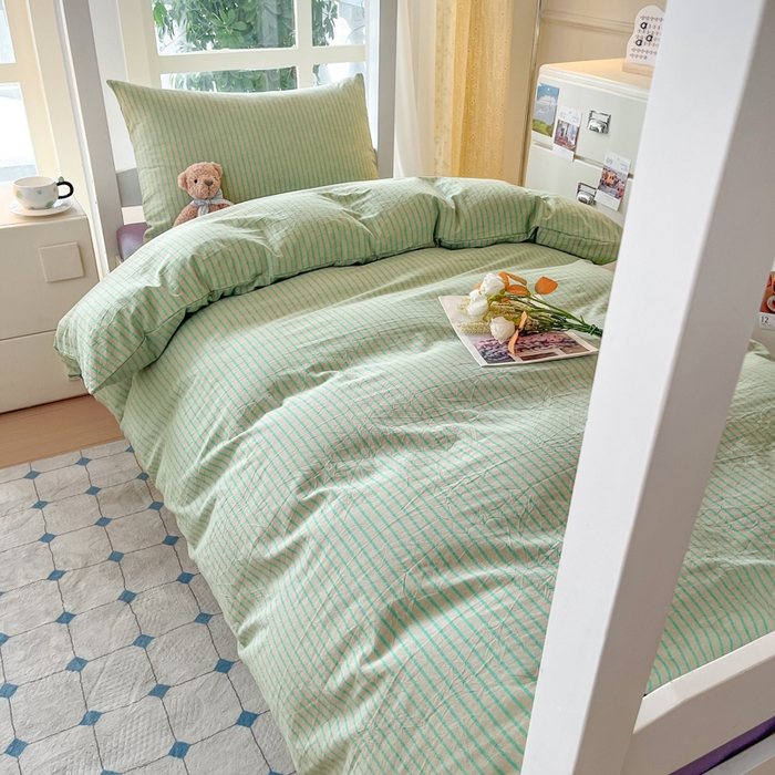 91家纺网 家纺一手货源 找家纺 柠萌家居 2025年最新款学生宿舍全棉无印风A类良品宿舍上下铺三件套 绿紫条