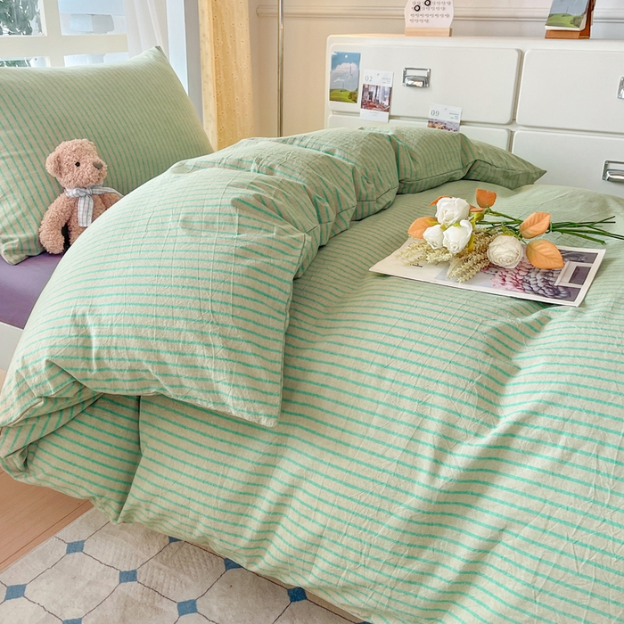 91家纺网 家纺一手货源 找家纺 柠萌家居 2025年最新款学生宿舍全棉无印风A类良品宿舍上下铺三件套 绿紫条