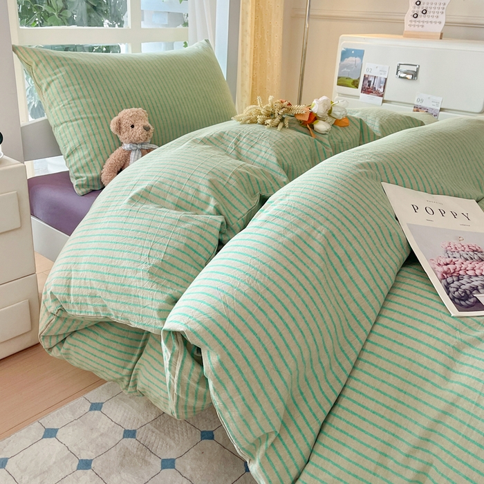 91家纺网 家纺一手货源 找家纺 柠萌家居 2025年最新款学生宿舍全棉无印风A类良品宿舍上下铺三件套 绿紫条