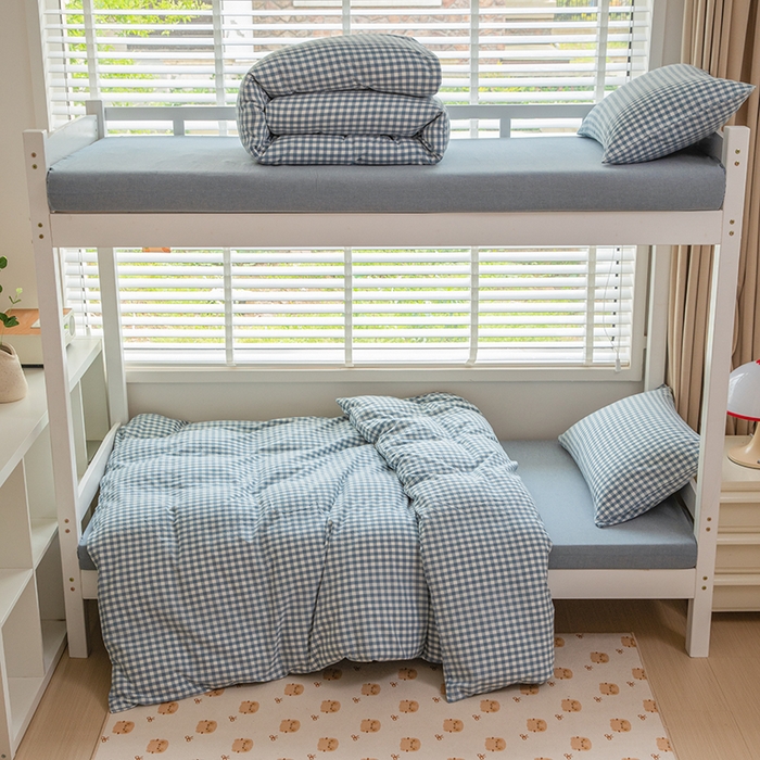 柠萌家居 2025年最新款学生宿舍全棉无印风A类良品宿舍上下铺三件套 浅蓝小格