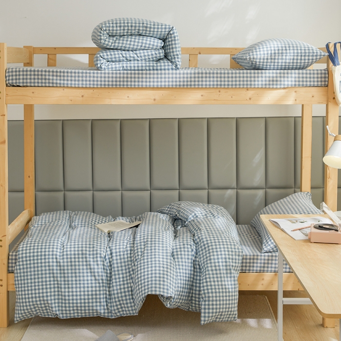 91家纺网 家纺一手货源 找家纺 柠萌家居 2025年最新款学生宿舍全棉无印风A类良品宿舍上下铺三件套 小兰格