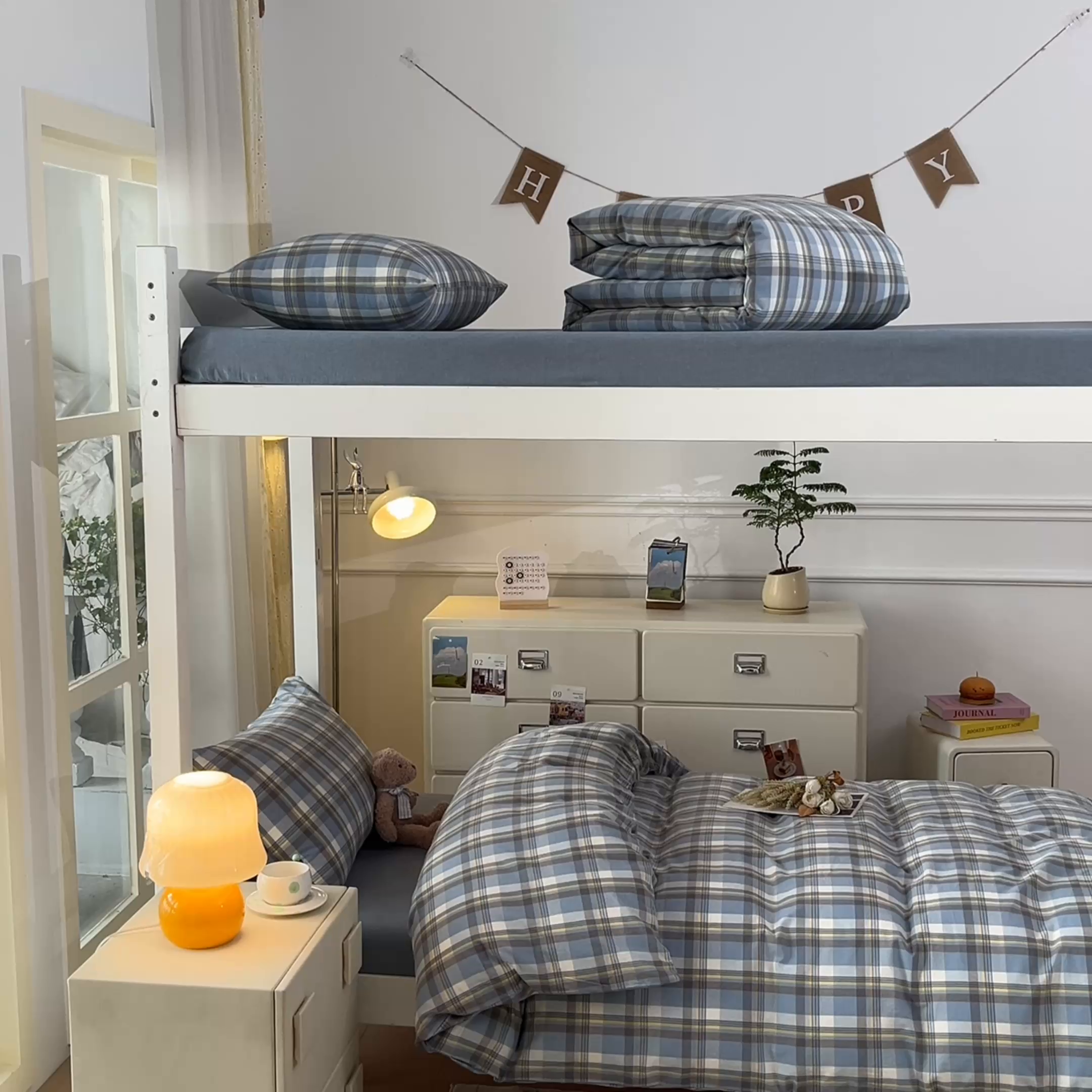 91家纺网 家纺一手货源 找家纺 柠萌家居 2025年最新款学生宿舍全棉无印风A类良品宿舍上下铺三件套 莫卡蓝