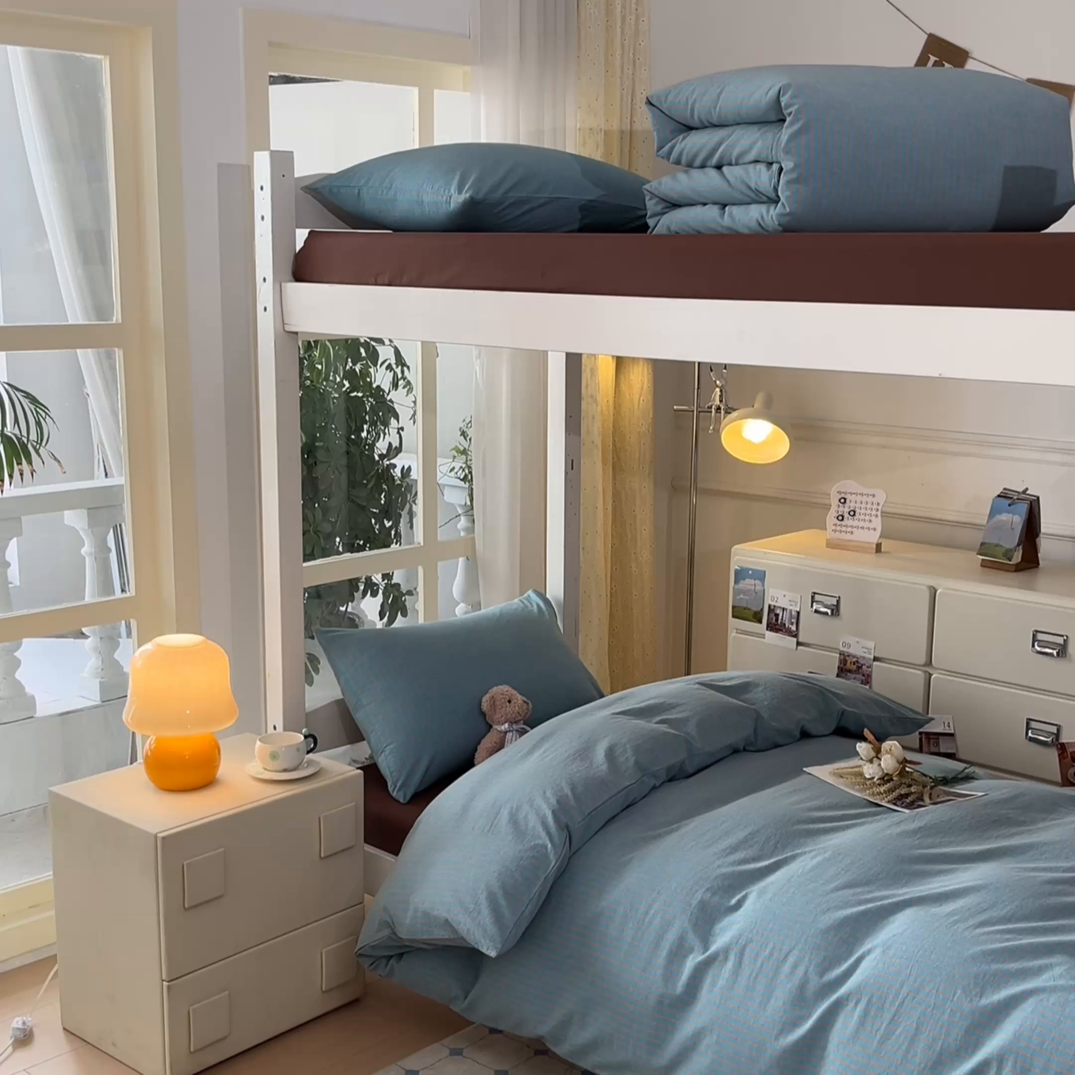 91家纺网 家纺一手货源 找家纺 柠萌家居 2025年最新款学生宿舍全棉无印风A类良品宿舍上下铺三件套 蓝咖条