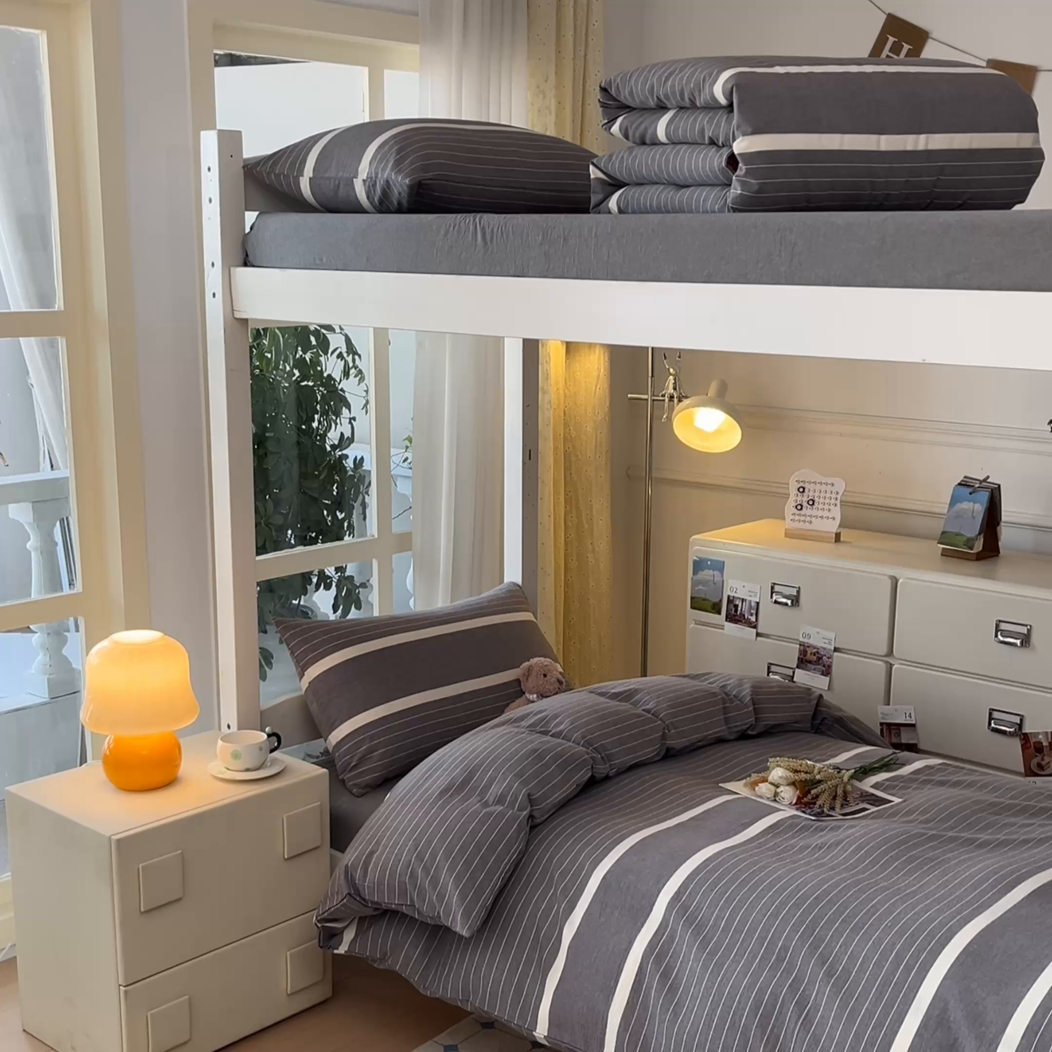 91家纺网 家纺一手货源 找家纺 柠萌家居 2025年最新款学生宿舍全棉无印风A类良品宿舍上下铺三件套 光阴灰